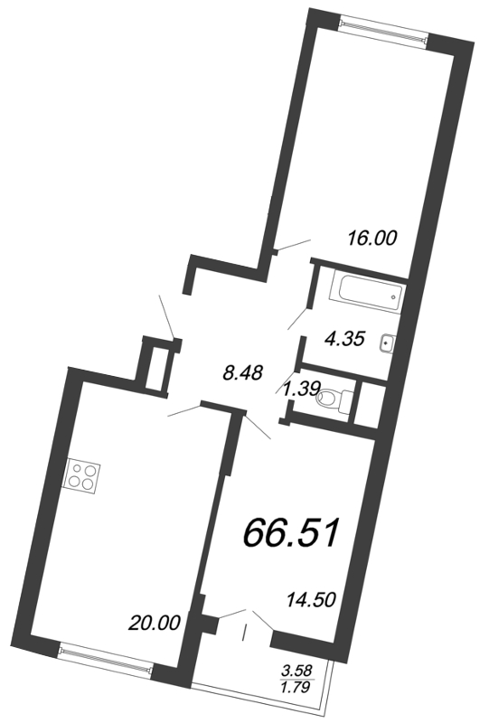 3-комнатная (Евро) квартира, 68.8 м² - планировка, фото №1