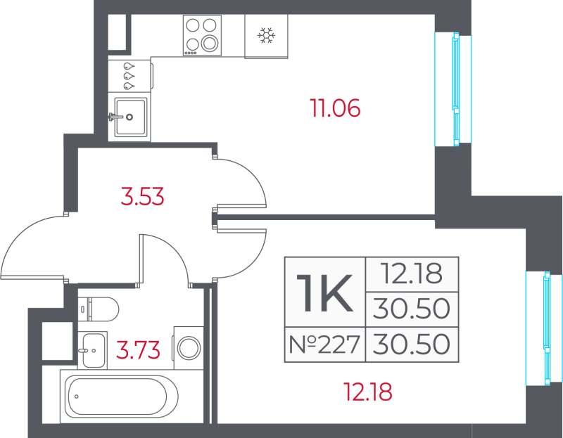 1-комнатная квартира, 30.5 м² в ЖК "Город-спутник Южный" - планировка, фото №1