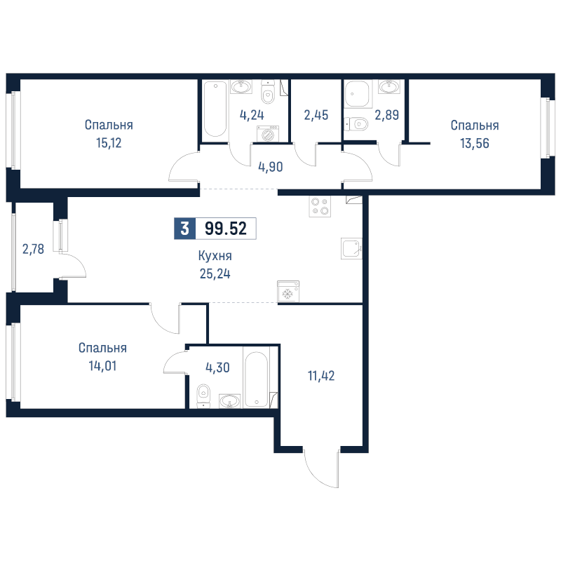 4-комнатная (Евро) квартира, 99.52 м² в ЖК "Максималист" - планировка, фото №1