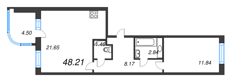 2-комнатная (Евро) квартира, 48.21 м² в ЖК "Энфилд" - планировка, фото №1