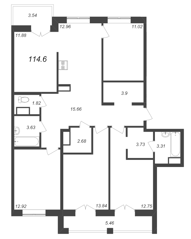 5-комнатная квартира, 114.6 м² в ЖК "ID Kudrovo" - планировка, фото №1