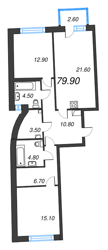 3-комнатная (Евро) квартира, 79.9 м² в ЖК "Цвет Зеленогорска" - планировка, фото №1