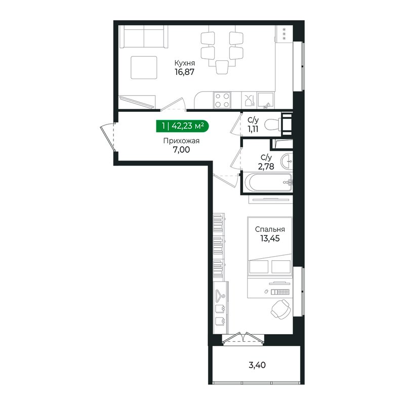 2-комнатная (Евро) квартира, 40.9 м² в ЖК "Сертолово Парк" - планировка, фото №1