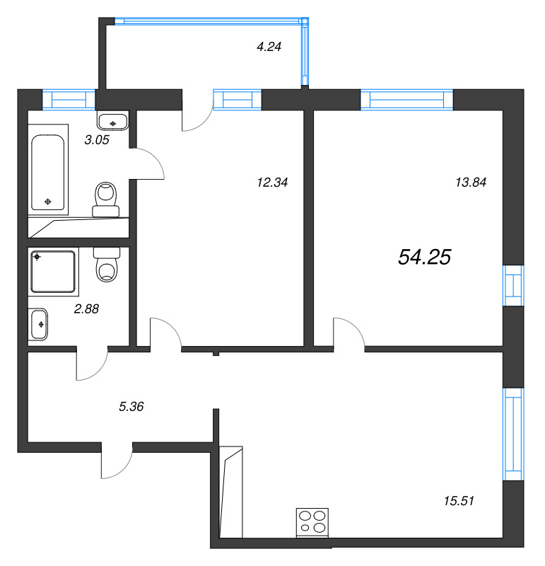 3-комнатная (Евро) квартира, 54.25 м² в ЖК "Окла" - планировка, фото №1