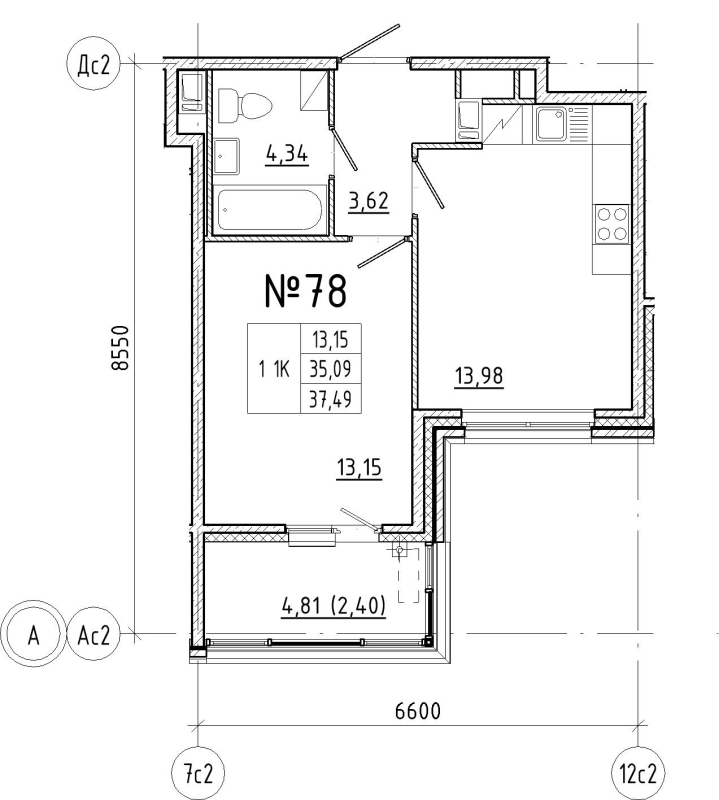 1-комнатная квартира, 37.49 м² в ЖК "N8" - планировка, фото №1