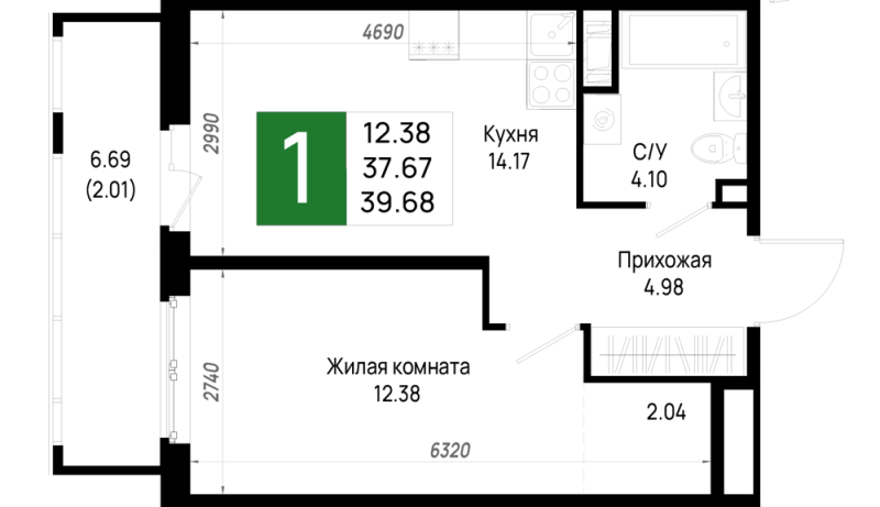 1-комнатная квартира, 39.68 м² в ЖК "Имена" - планировка, фото №1