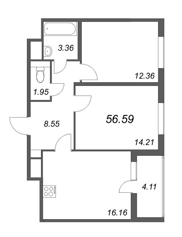 3-комнатная (Евро) квартира, 56.59 м² - планировка, фото №1