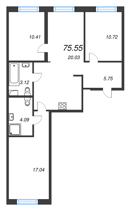 4-комнатная (Евро) квартира, 75.55 м² в ЖК "Окла" - планировка, фото №1