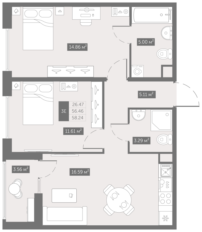 3-комнатная (Евро) квартира, 58.24 м² в ЖК "UP-квартал Новый Московский" - планировка, фото №1