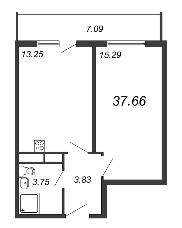 1-комнатная квартира, 38.25 м² - планировка, фото №1