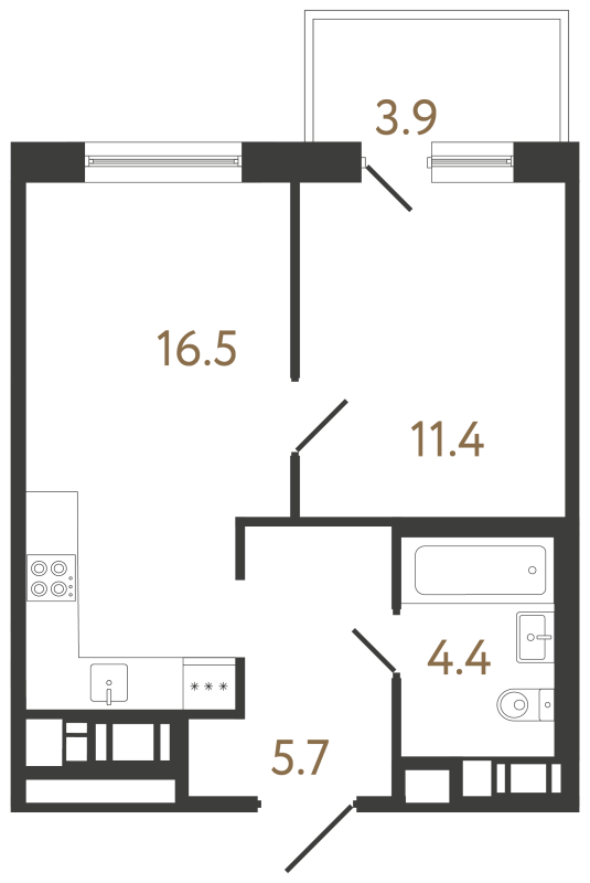 2-комнатная (Евро) квартира, 38 м² в ЖК "Передвижники 2" - планировка, фото №1