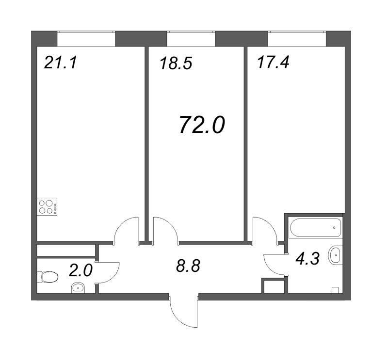 3-комнатная (Евро) квартира, 71.9 м² в ЖК "Neva Haus" - планировка, фото №1