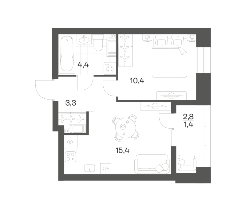 2-комнатная (Евро) квартира, 34.83 м² в ЖК "Новый Питер" - планировка, фото №1