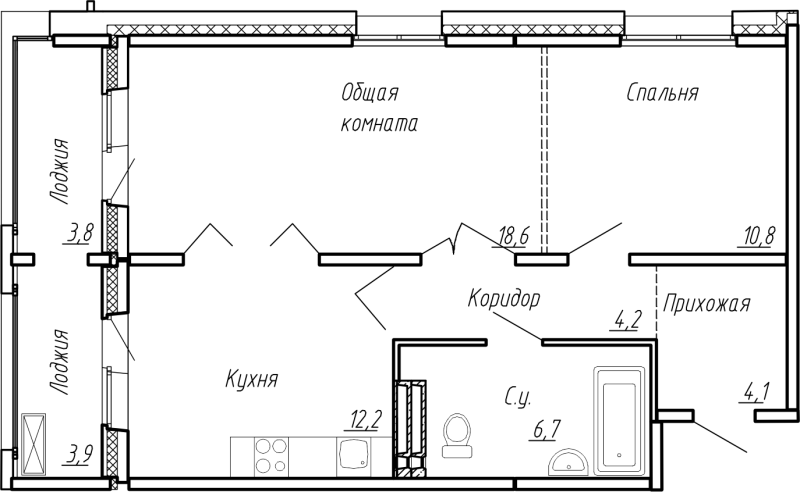 2-комнатная квартира, 64.3 м² в ЖК "Сибирь" - планировка, фото №1