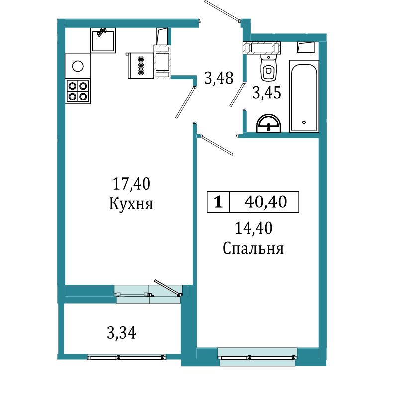 1-комнатная квартира, 40.4 м² - планировка, фото №1