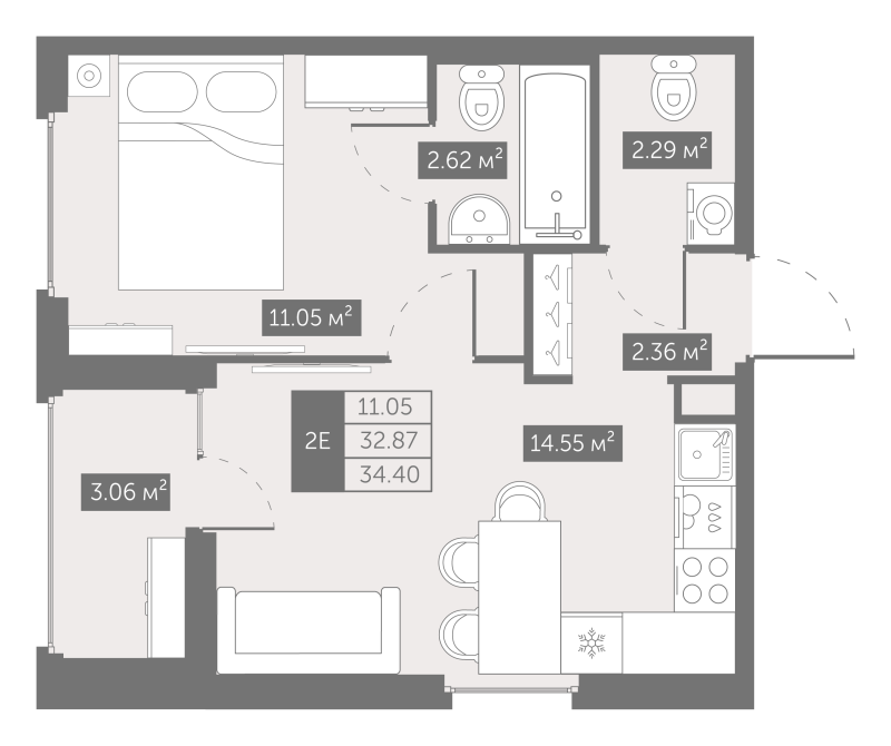 1-комнатная квартира, 34.4 м² в ЖК "UP-квартал Новый Московский" - планировка, фото №1