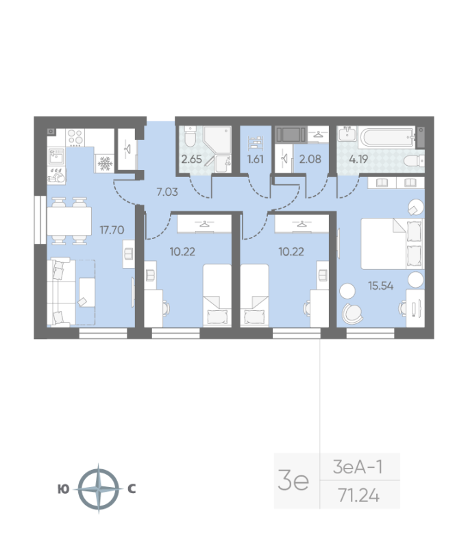 3-комнатная квартира, 71.24 м² в ЖК "Морская миля" - планировка, фото №1