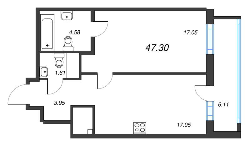2-комнатная (Евро) квартира, 47.3 м² - планировка, фото №1