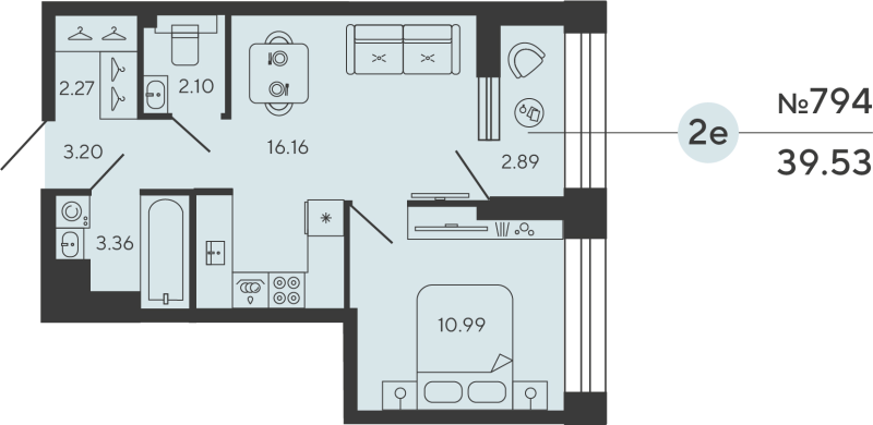 2-комнатная (Евро) квартира, 39.53 м² в ЖК "Bashni Element" - планировка, фото №1