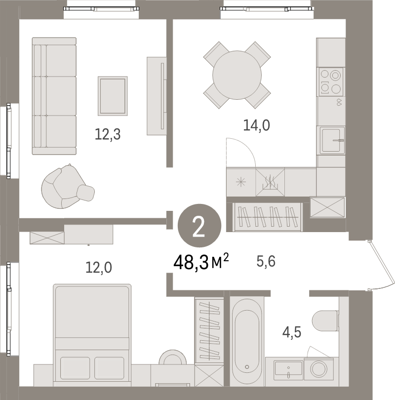1-комнатная квартира, 48.3 м² в ЖК "Брусника в Новоселье" - планировка, фото №1