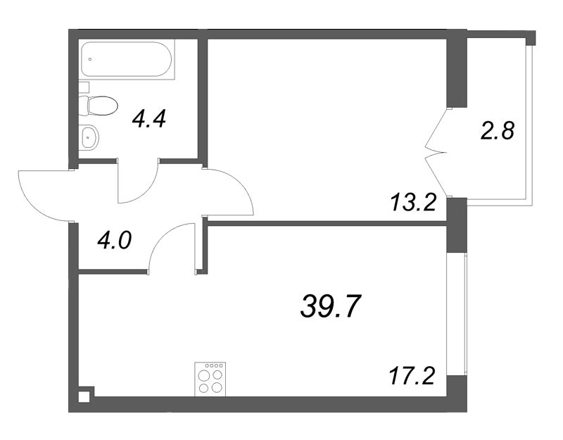 2-комнатная (Евро) квартира, 39.7 м² в ЖК "Кронунг ЮГ" - планировка, фото №1