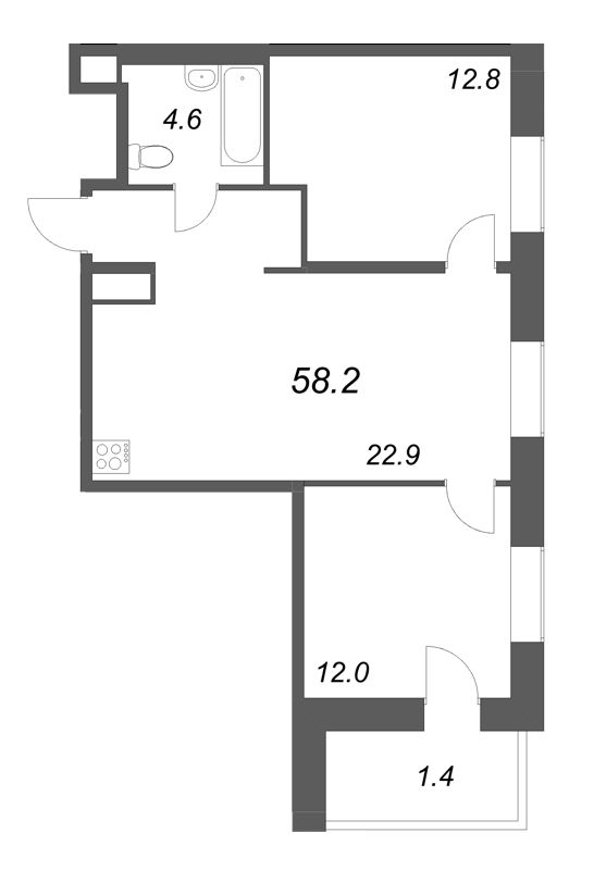 2-комнатная квартира, 58.2 м² - планировка, фото №1