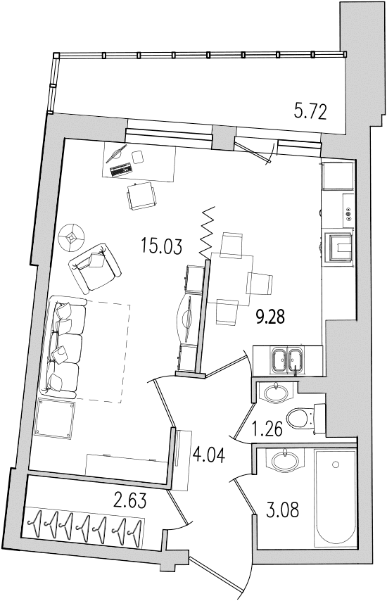 1-комнатная квартира, 41.2 м² в ЖК "Байрон" - планировка, фото №1