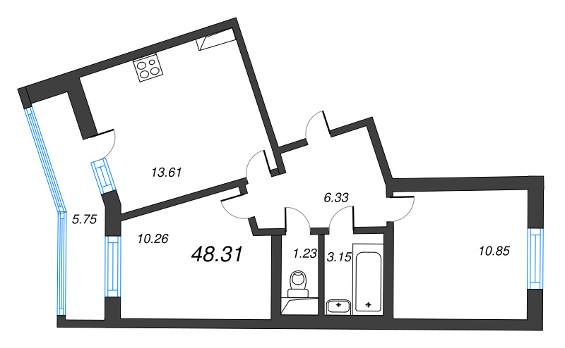 3-комнатная (Евро) квартира, 48.2 м² - планировка, фото №1