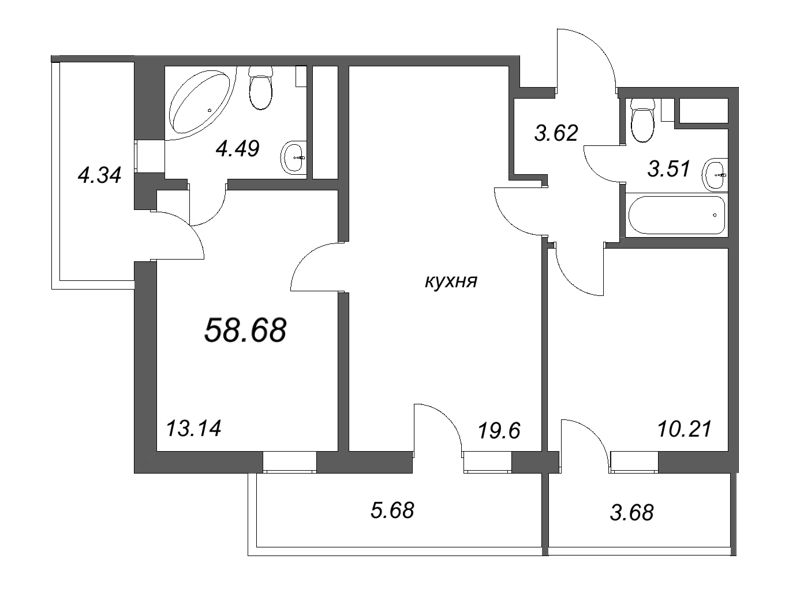 3-комнатная (Евро) квартира, 58.68 м² - планировка, фото №1