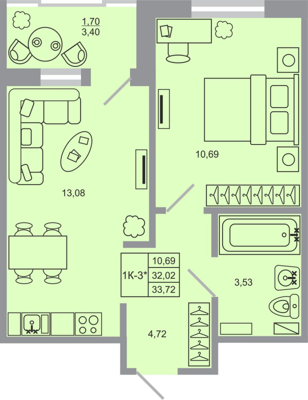 1-комнатная квартира, 33.72 м² в ЖК "Стороны света-2" - планировка, фото №1