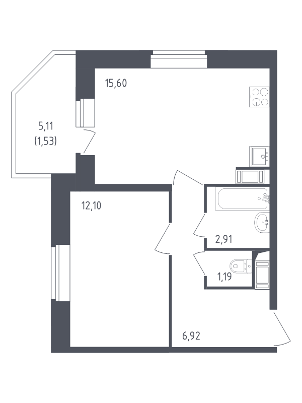 2-комнатная (Евро) квартира, 40.25 м² в ЖК "Живи! В Рыбацком" - планировка, фото №1