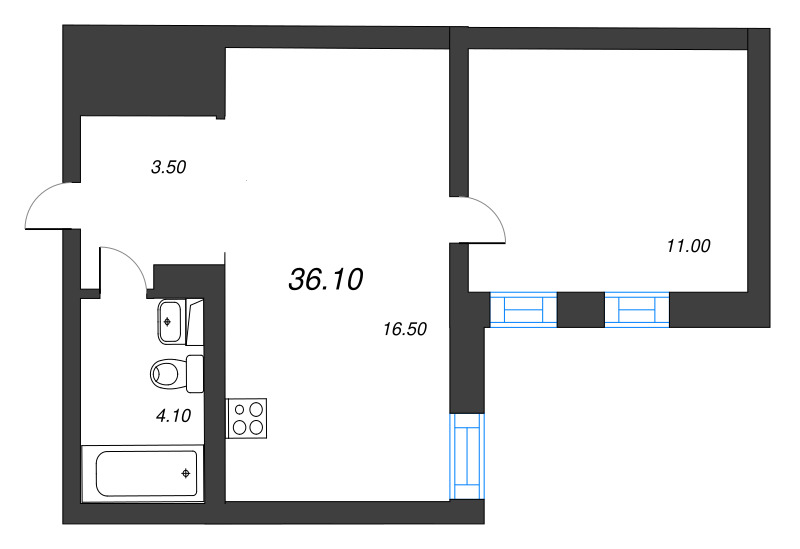 2-комнатная (Евро) квартира, 35.1 м² в ЖК "Эко Квартал Нега" - планировка, фото №1