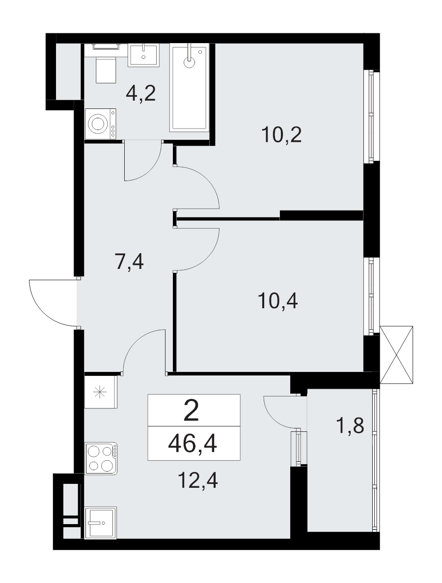 2-комнатная квартира, 46.4 м² в ЖК "А101 Лаголово" - планировка, фото №1