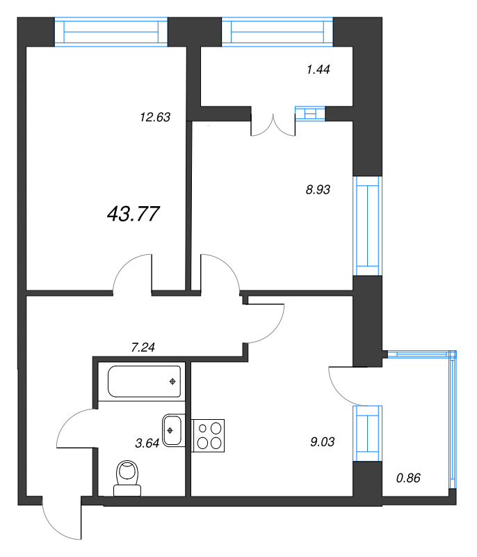 2-комнатная квартира, 43.77 м² в ЖК "Капральский берег" - планировка, фото №1