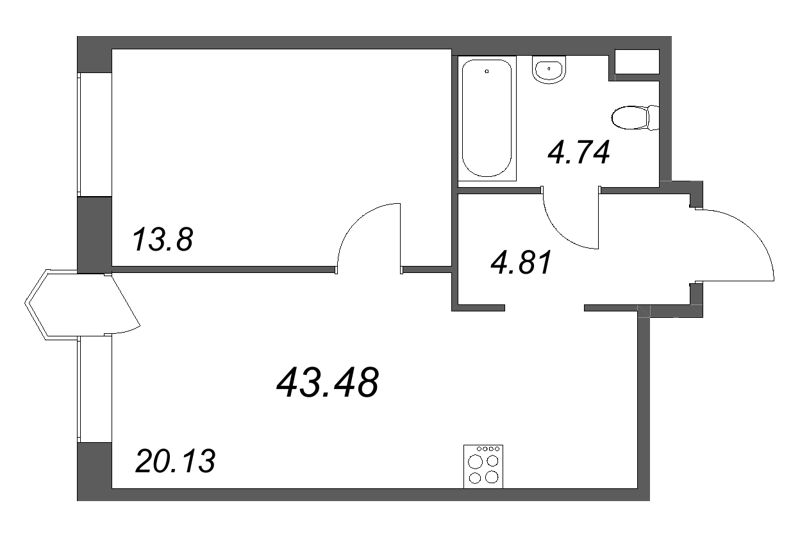 2-комнатная (Евро) квартира, 43.48 м² в ЖК "Avant" - планировка, фото №1