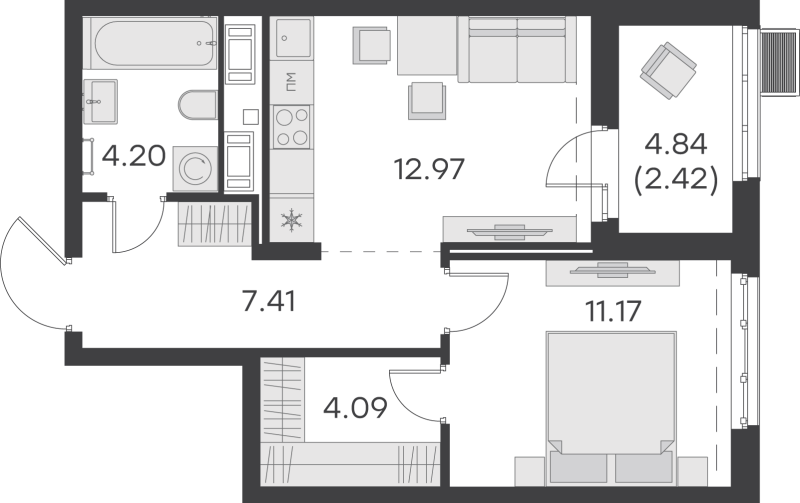 1-комнатная квартира, 44 м² в ЖК "GloraX Балтийская" - планировка, фото №1