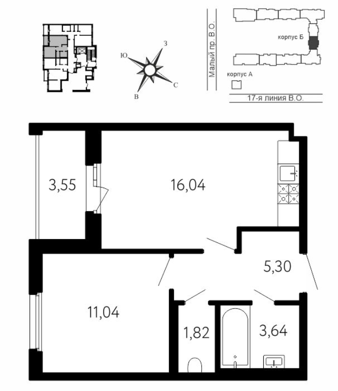 2-комнатная (Евро) квартира, 39.62 м² в ЖК "17-я линия" - планировка, фото №1