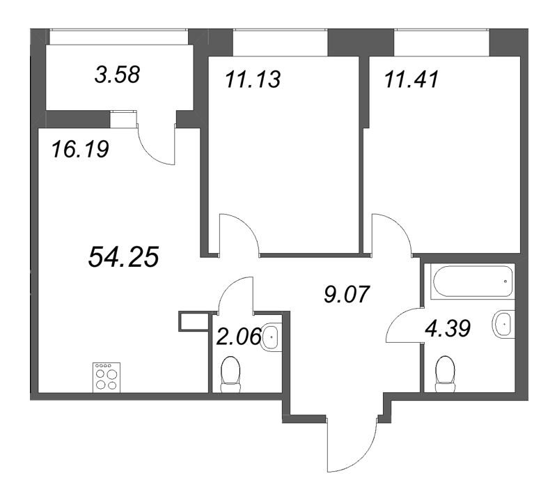 3-комнатная (Евро) квартира, 54.25 м² в ЖК "Ультра Сити 3.0" - планировка, фото №1