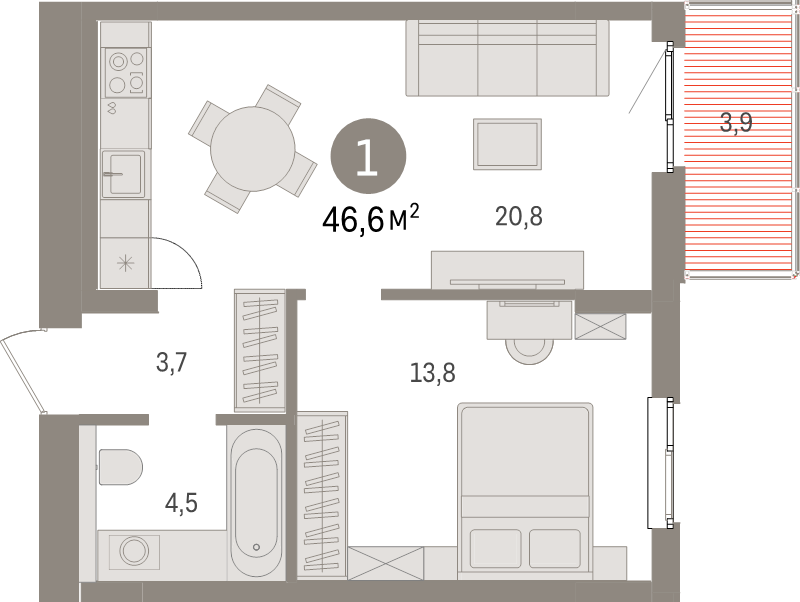 2-комнатная (Евро) квартира, 46.6 м² в ЖК "Брусника в Новоселье" - планировка, фото №1