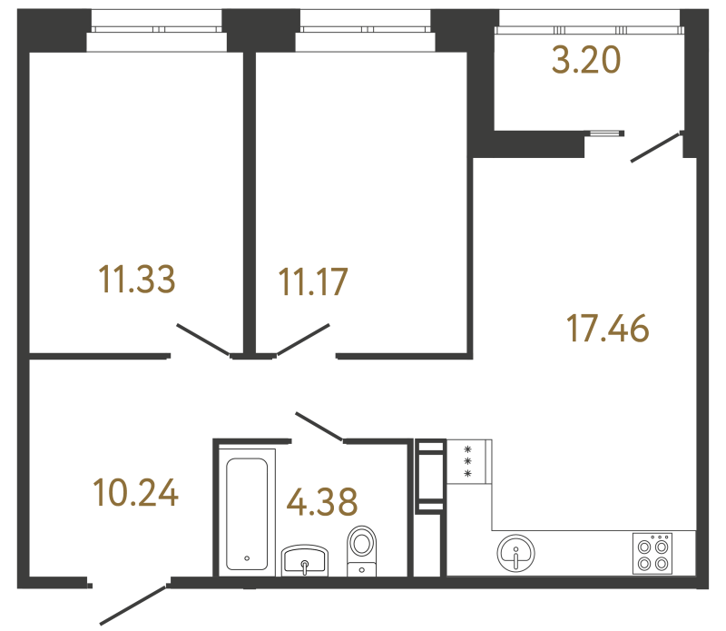 3-комнатная (Евро) квартира, 54.58 м² в ЖК "Ultra City 3.0" - планировка, фото №1