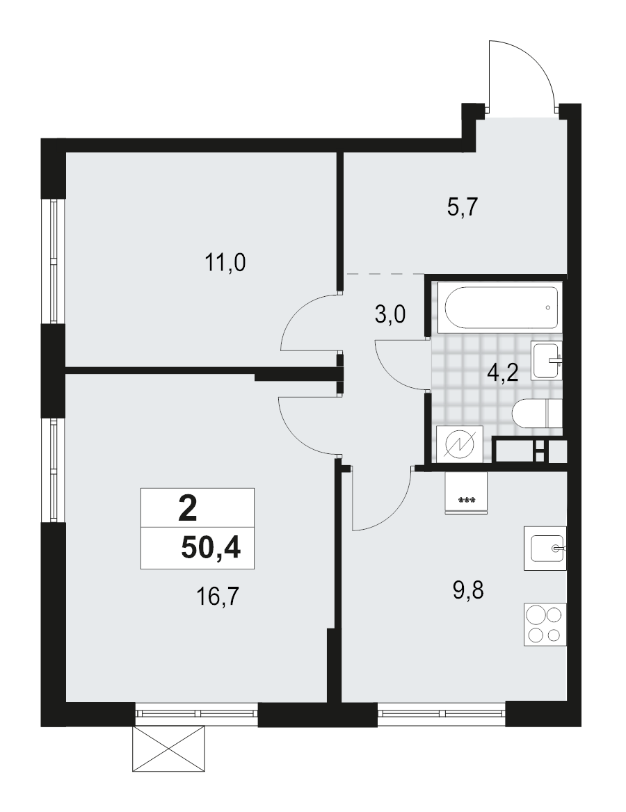 2-комнатная квартира, 50.4 м² - планировка, фото №1