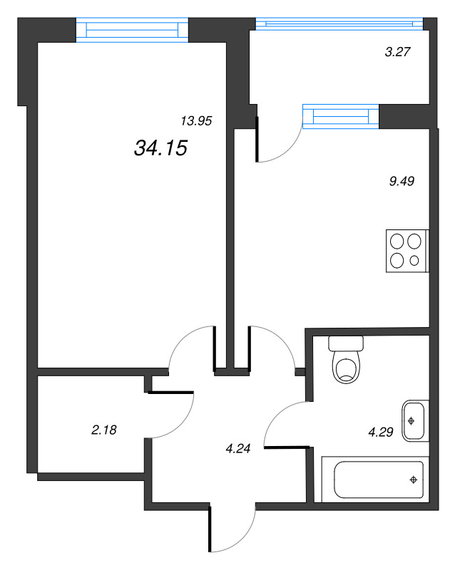 1-комнатная квартира, 34.15 м² - планировка, фото №1