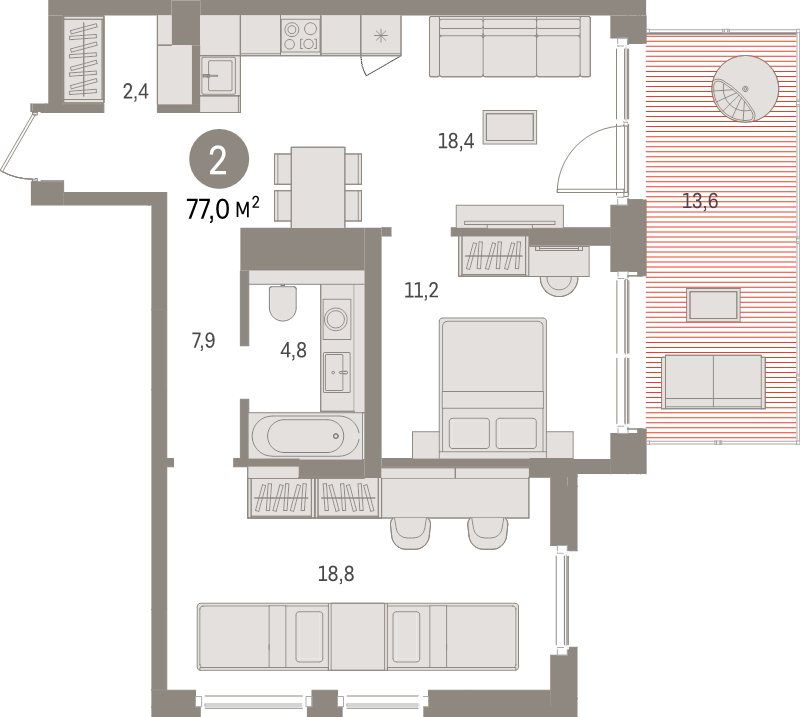 3-комнатная (Евро) квартира, 77 м² - планировка, фото №1