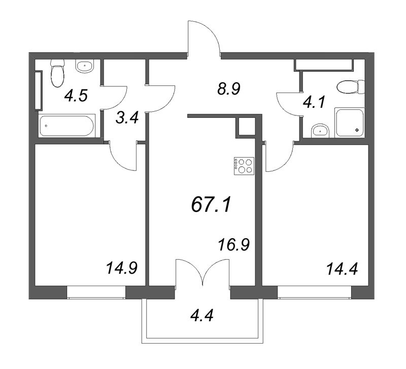 3-комнатная (Евро) квартира, 67.1 м² в ЖК "Визионер" - планировка, фото №1