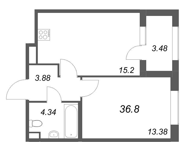 2-комнатная (Евро) квартира, 36.8 м² в ЖК "Дубровский" - планировка, фото №1