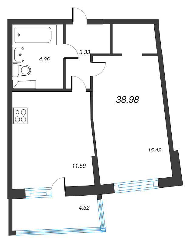 2-комнатная (Евро) квартира, 38.98 м² в ЖК "Дом Левитан" - планировка, фото №1