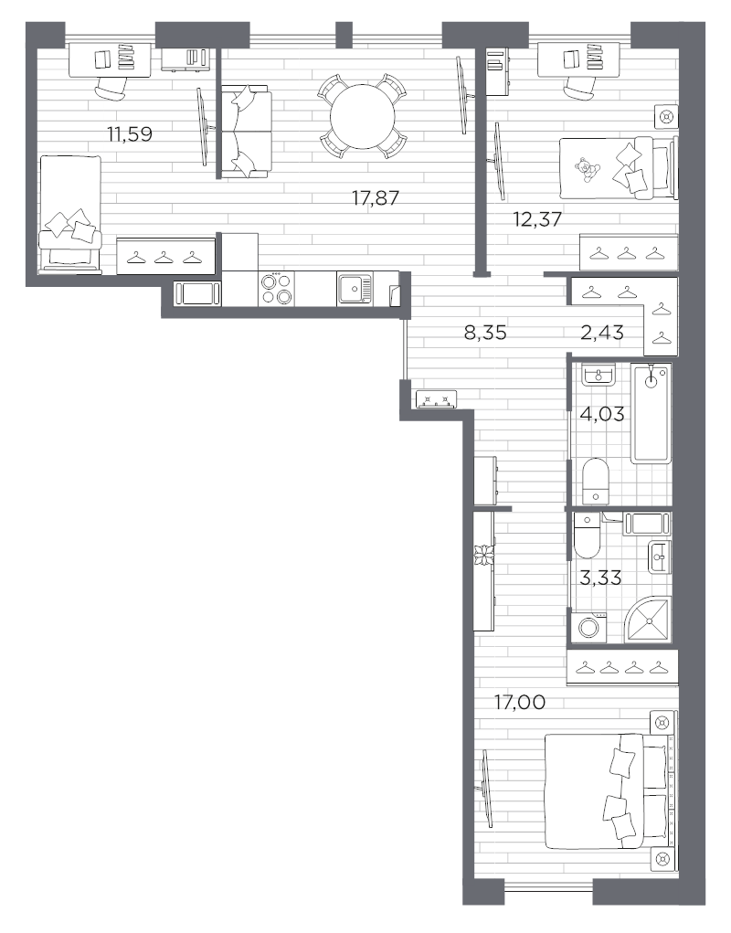 4-комнатная (Евро) квартира, 76.97 м² в ЖК "Сезоны" - планировка, фото №1