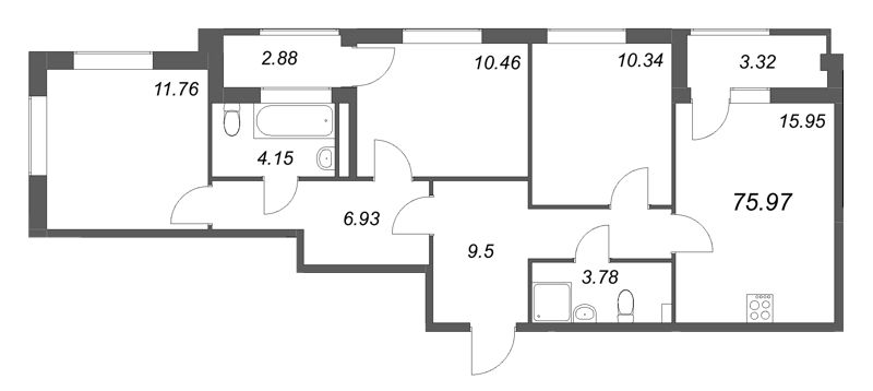 4-комнатная (Евро) квартира, 75.97 м² в ЖК "Гранат" - планировка, фото №1