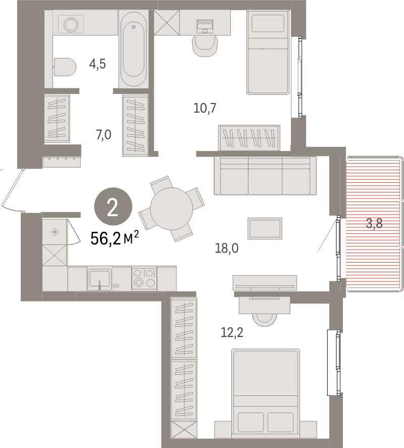 3-комнатная (Евро) квартира, 56.2 м² - планировка, фото №1
