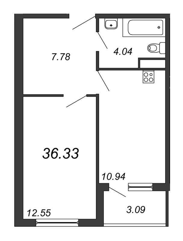 1-комнатная квартира, 37.12 м² в ЖК "Avenue-Apart на Дыбенко" - планировка, фото №1